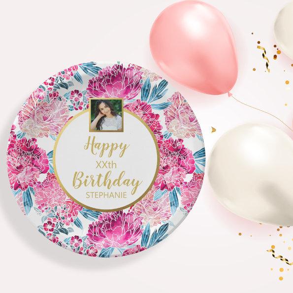 Pretty Flowers, Happy Birthday, Custom Photo Text Paper Plates