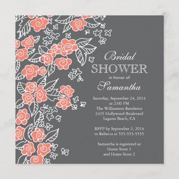 Pretty Flowers Modern Gray & Coral Bridal Shower Invitations