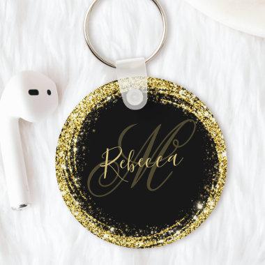 Pretty Gold Glitter Monogram Name Black Glam Keychain