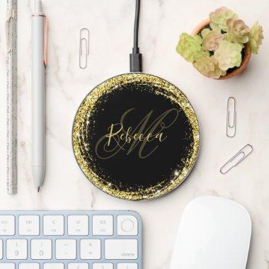 Pretty Gold Glitter Monogram Name Black Glam Wireless Charger