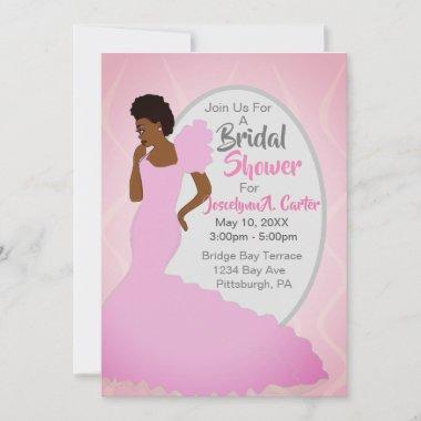 Pretty In Pink African American Lady Bridal Shower Invitations