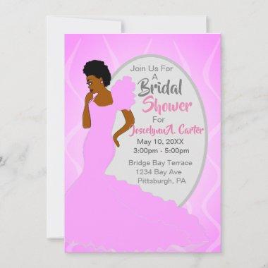 Pretty In Pink African American Lady Bridal Shower Invitations