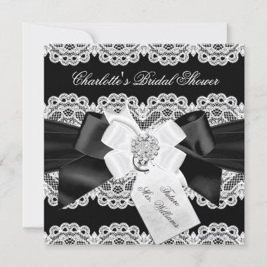 Pretty Lace & Bow Black White Bridal Shower Invite