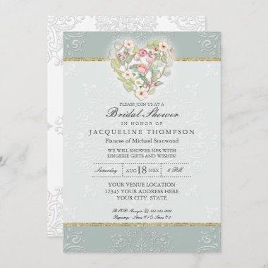 Pretty Lace Dusty Silver Sage Floral Bridal Shower Invitations