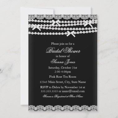 Pretty Lace & Pearl Black Bridal Shower Invitations