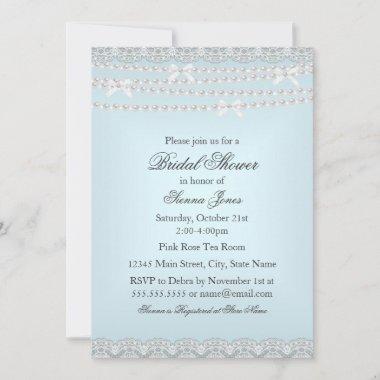 Pretty Lace & Pearl Blue Bridal Shower Invitations