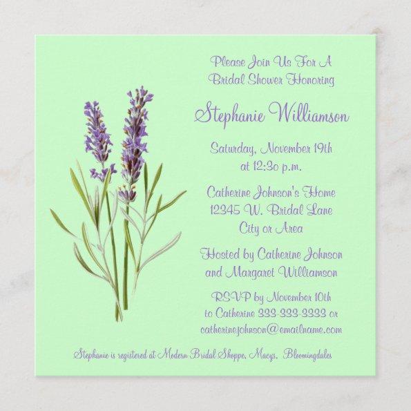 Pretty Lavender Herb Sprig on Green Bridal Shower Invitations