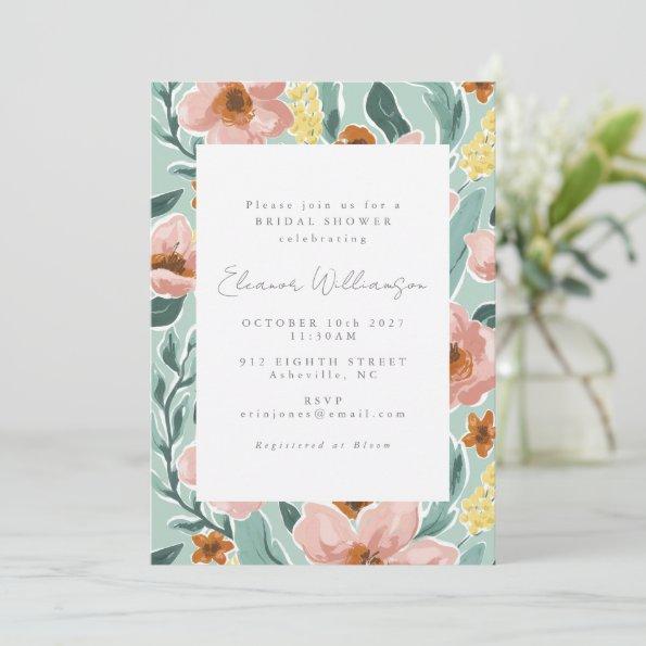 Pretty Mint Sage Blush Pink Floral Bridal Shower Invitations