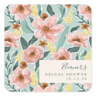 Pretty Mint Sage Blush Pink Floral Bridal Shower Square Sticker