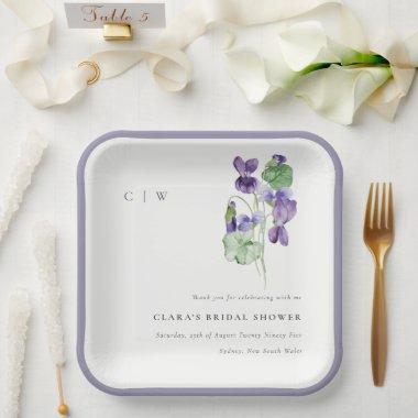 Pretty Monogram Violet Floral Bunch Bridal Shower Paper Plates