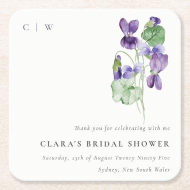 Pretty Monogram Violet Floral Bunch Bridal Shower Square Paper Coaster
