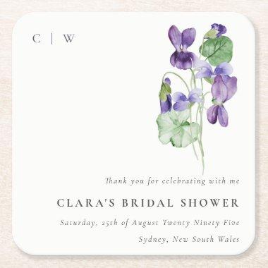 Pretty Monogram Violet Floral Bunch  Square Paper Coaster