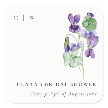 Pretty Monogram Violet Floral Bunch Bridal Shower Square Sticker