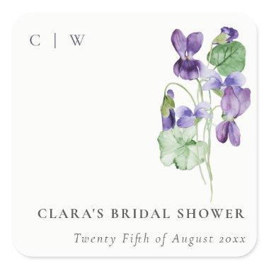 Pretty Monogram Violet Floral Bunch  Square Sticker