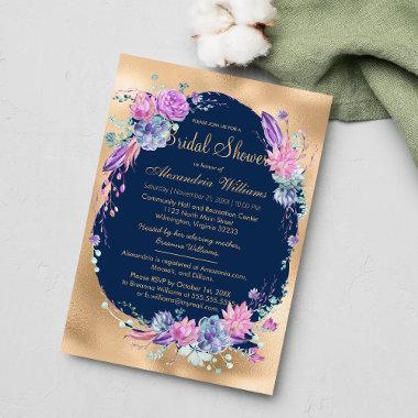 Pretty Navy Pink Lilac Gold Floral Bridal Shower Invitations
