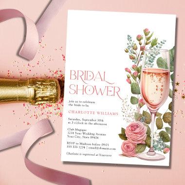 Pretty Pink Floral Champagne Glass Bridal Shower Invitations