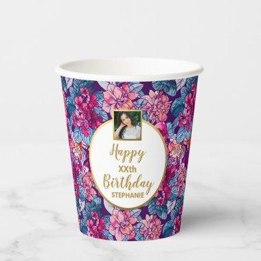 Pretty Pink Flowers, Any Age Custom Photo Birthday Paper Cups