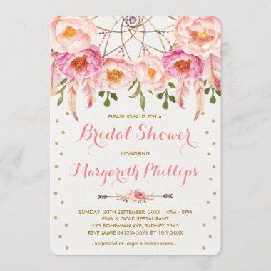Pretty Pink & Gold Boho Dreamcatcher Bridal Shower Invitations