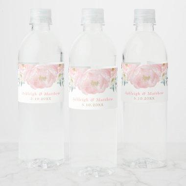 Pretty Pink & Gold Watercolor Floral Peonies Water Bottle Label