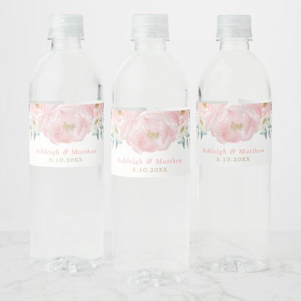 Pretty Pink & Gold Watercolor Floral Peonies Water Bottle Label