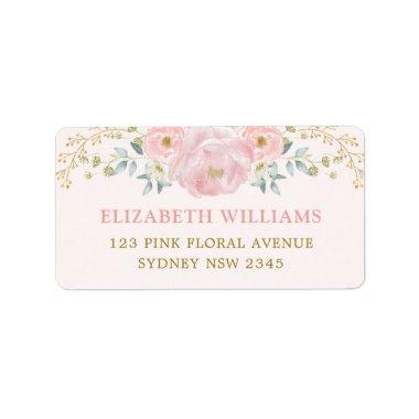Pretty Pink Gold Watercolor Flower Return Address Label