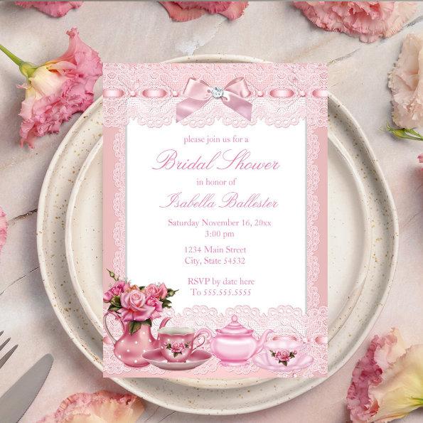 Pretty Pink lace bow High Tea Bridal Shower Invitations