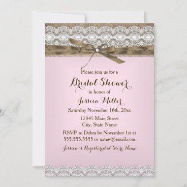 Pretty Pink Lace & Burlap Bridal Shower Invitations