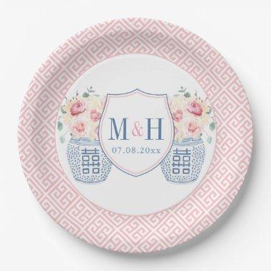 Pretty Pink Roses Monogram Bridal Shower Party Paper Plates