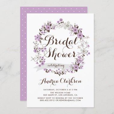 Pretty Purple and Gray Floral Wreath Bridal Shower Invitations