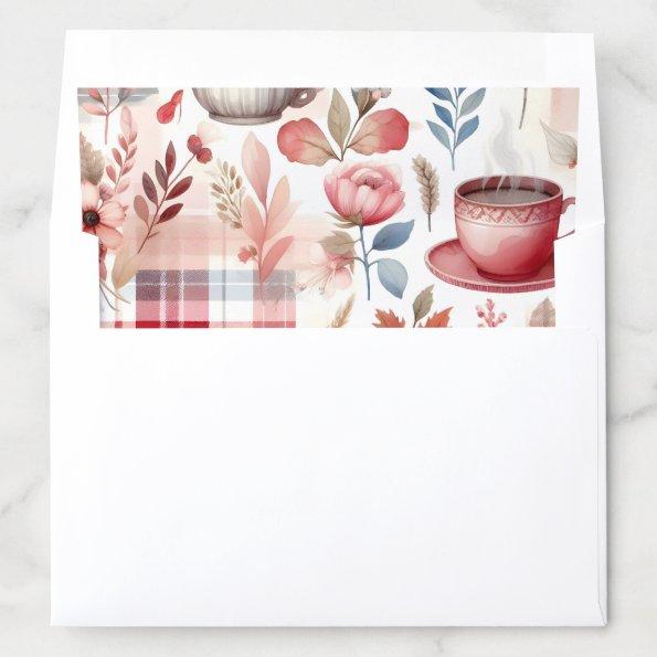 Pretty Red Flowers Plaid Pattern Teacup Coffee Cup Envelope Liner