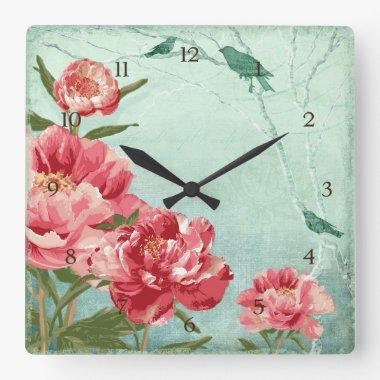Pretty Retro Flower Home Decor Chintz Peony n Bird Square Wall Clock