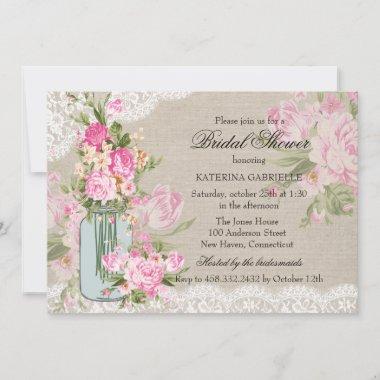 Pretty Shabby Chic Lace & Floral Bridal Shower Invitations