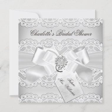 Pretty Silver Lace & Bow Bridal Shower Invitations