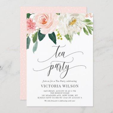 Pretty Watercolor Blush Flowers Gray Tea Party Invitations
