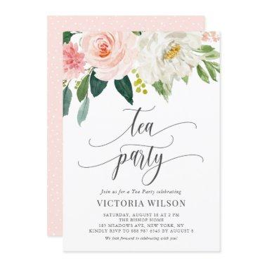 Pretty Watercolor Blush Flowers Gray Tea Party Invitations