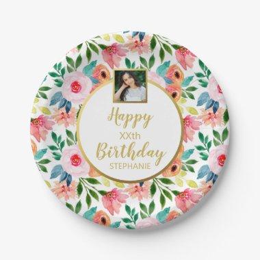Pretty Watercolor Flowers, Birthday, Custom Photo Paper Plates