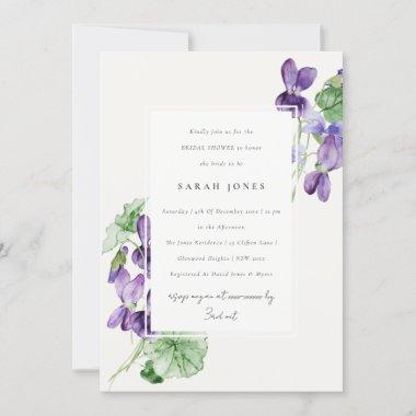 Pretty Watercolor Violet Floral Bridal Shower Invitations
