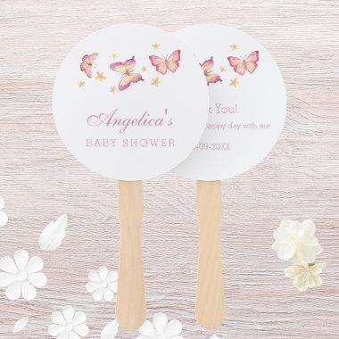 Pretty White Pink Butterfly Baby Shower Thank You Hand Fan
