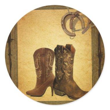 primitive western country horseshoe cowboy boots classic round sticker