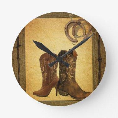 primitive western country horseshoe cowboy boots round clock