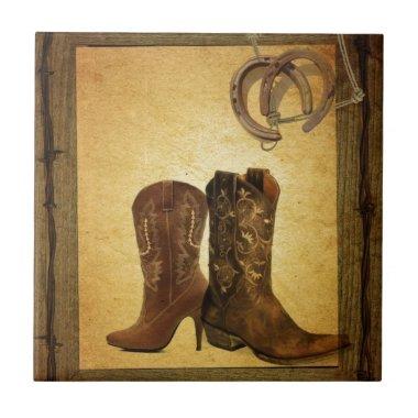 primitive western country horseshoe cowboy boots tile