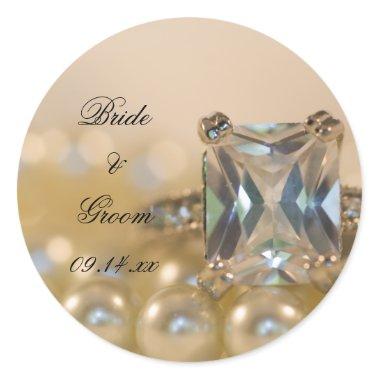 Princess Diamond Ring and White Pearls Wedding Classic Round Sticker