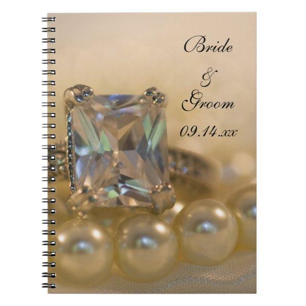 Princess Diamond Ring and White Pearls Wedding Notebook