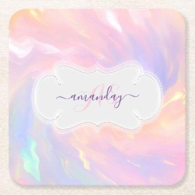 Princess Name Monogram Unicorn Quinceañera Pink Square Paper Coaster