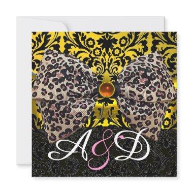 PRINTED ANIMAL FUR BOW GOLD BLACK DAMASK MONOGRAM Invitations