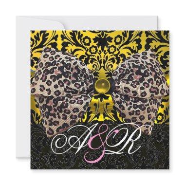 PRINTED LEOPARD FUR BOW GOLD BLACK DAMASK MONOGRAM Invitations