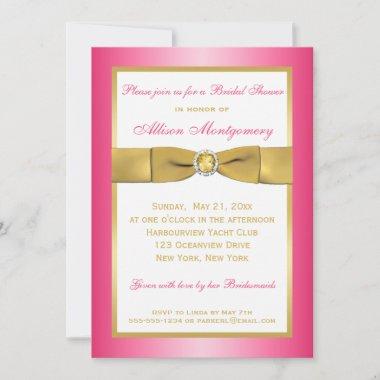 PRINTED RIBBON Pink, Gold, White Bridal Shower Invitations