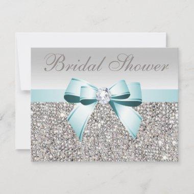 Printed Silver Sequin Teal Bow Image Bridal Shower Invitations