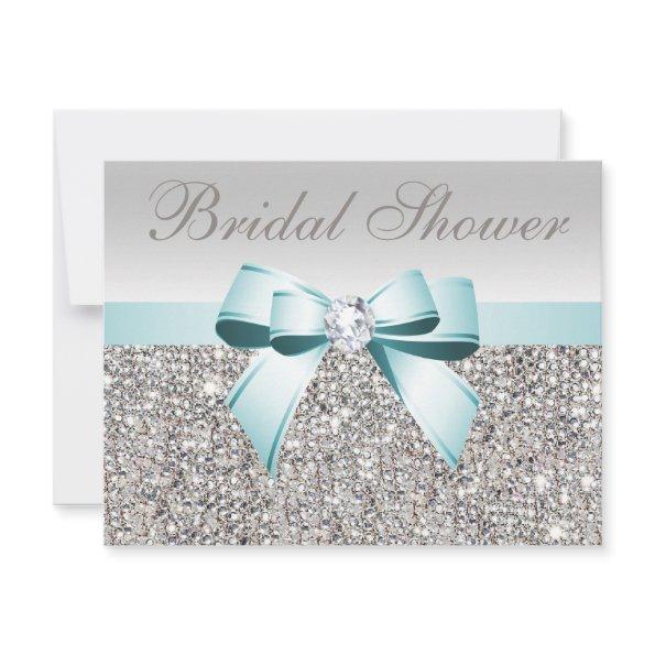 Printed Silver Sequin Teal Bow Image Bridal Shower Invitations