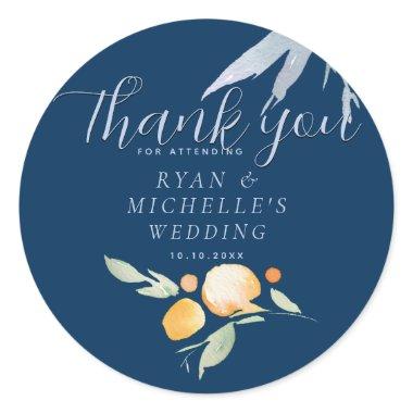 Prussian Blue, Periwinkle, and Peach Floral Classic Round Sticker